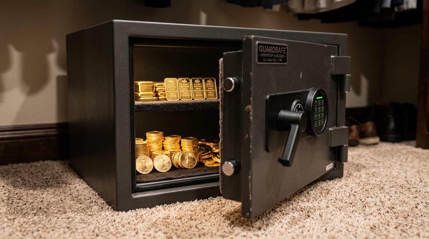 Gold coins and bars in a home safe