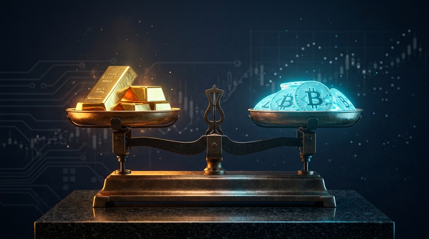 Gold and Bitcoin balance scale